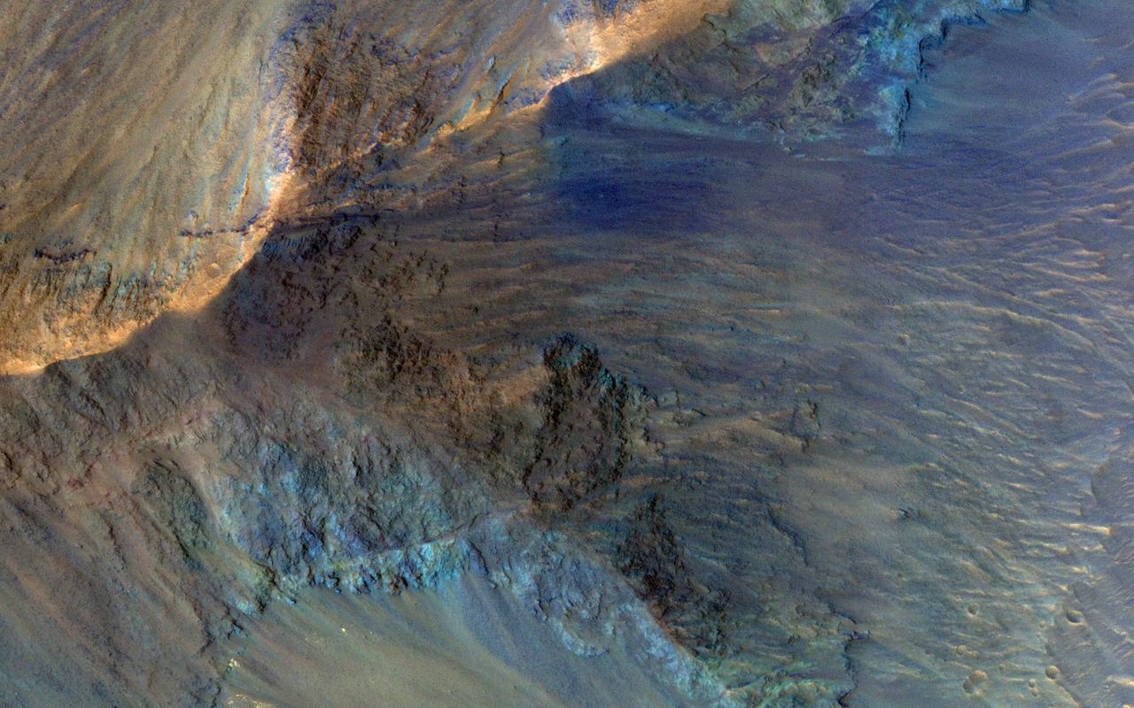 This image captures some of the geologic diversity of Mars. There are hills of ancient terrains on the floor of Juventae Chasma, surrounded by younger sediments, including dark sand sheets and dunes that are likely active today. The hills are heavily eroded by landslides, forming gullies in some places. Diverse colors represent unaltered volcanic minerals (blue and green) and altered minerals (brighter and reddish colors). https://photojournal.jpl.nasa.gov/catalog/PIA23104