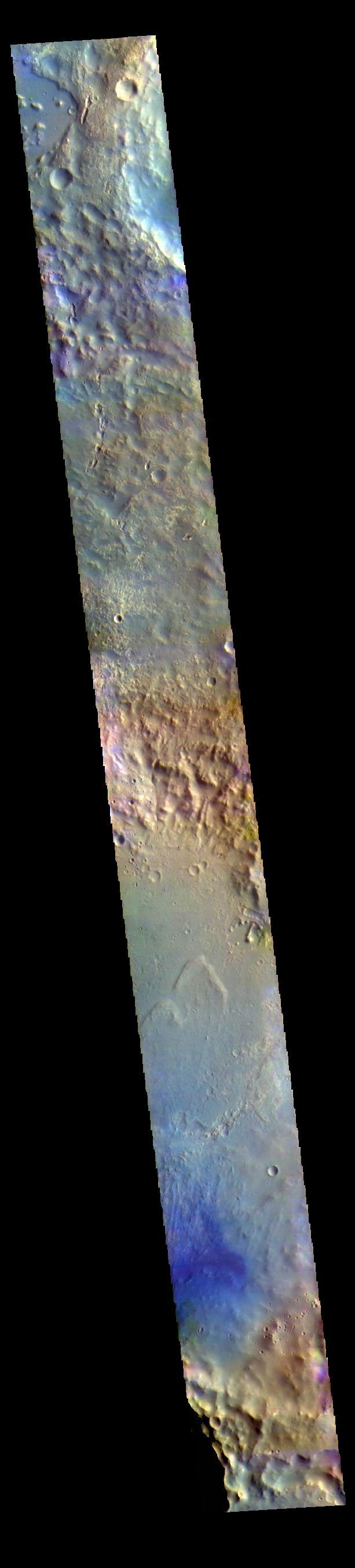 The large crater at the bottom of today's image is called McLaughlin Crater. It is located west of Mawrth Vallis, on the margin between Arabia Terra and Chryse Planitia.  The THEMIS VIS camera contains 5 filters. The data from different filters can be combined in multiple ways to create a false color image. These false color images may reveal subtle variations of the surface not easily identified in a single band image.  Orbit Number: 62100 Latitude: 22.4939 Longitude: 337.635 Instrument: VIS Captured: 2015-12-14 02:05  https://photojournal.jpl.nasa.gov/catalog/PIA23108