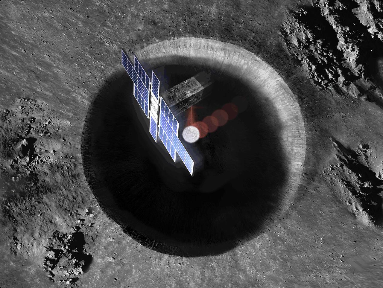 This artist's concept shows a view from above the Lunar Flashlight spacecraft, a six-unit CubeSat designed to search for ice on the Moon's surface using special lasers.  The spacecraft uses its near-infrared lasers to shine light into shaded polar regions on the Moon, while an on-board reflectometer measures surface reflection and composition.  https://photojournal.jpl.nasa.gov/catalog/PIA23132