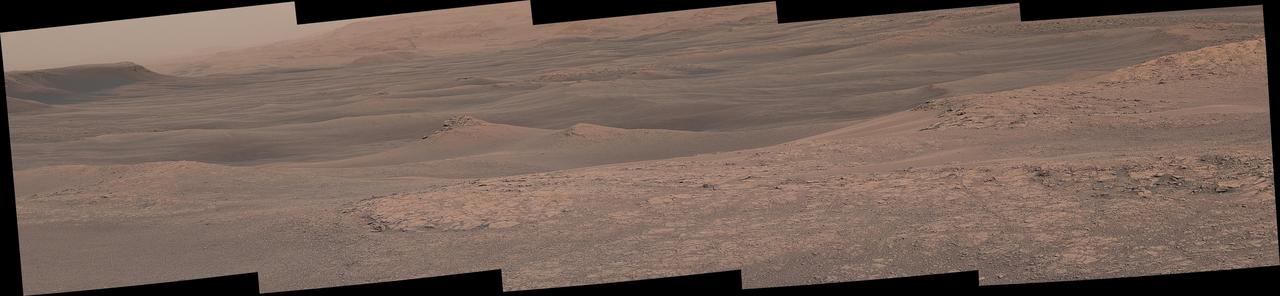 The hills and troughs in this little valley, carved between a ridge and cliffs higher up Mount Sharp, almost look like undulating waves. The Mast Camera (Mastcam) on NASA's Curiosity Mars rover captured this mosaic as it explored the "clay-bearing unit" on Jan. 23, 2019 (Sol 2299).  At the top left corner is part of the Vera Rubin Ridge, from which Curiosity departed earlier this year; the rocky hill at center left has been nicknamed "Knockfarril Hill." The science team is trying to figure out how this landscape formed over billions of years. At present, the clearest takeaway is that the clay-bearing unit is softer than the ridge: The former has eroded into a valley between the ridge and Mount Sharp, while the ridge has resisted erosion.  The scene is presented with a color adjustment that approximates white balancing to resemble how the rocks and sand would appear under daytime lighting conditions on Earth.  https://photojournal.jpl.nasa.gov/catalog/PIA23137