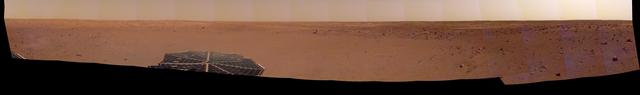 NASA's InSight spacecraft captured this panorama of its landing site on Dec. 9, 2018, the 14th Martian day, or sol, of its mission. The 290-degree perspective surveys the rim of the degraded crater InSight landed in, nicknamed "Homestead Hollow."  The panorama is made of 30 individual images that were taken by the spacecraft's Instrument Deployment Camera, located on its robotic arm.  https://photojournal.jpl.nasa.gov/catalog/PIA23140