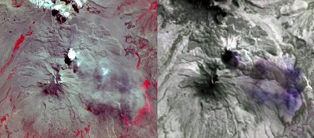NASA's Advanced Spaceborne Thermal Emission and Reflection Radiometer (ASTER) acquired this image of Peru's Sabancaya stratovolcano on April 10, 2019. Sabancaya has been erupting regularly for several months, sending ash plumes high into the air. At the time this image was taken, the plume reached an altitude of 9100 meters (9950 yards) and was moving southeastward.  In the left image, Sabancaya is under the bright round white cloud. The greyish clouds to the southeast are ash plumes. The Ampato volcano, with its prominent summit caldera, is to the south. The red areas are vegetation.  The right thermal image shows the plume in purple, indicating that it is dominantly composed of sulfur dioxide gas. A bright hotspot can be seen directly north of the black (cold) cloud over Sabancaya. The image covers an area of 19.5 by 17.2 kilometers (12 miles by 11 miles), and is located at 15.8 degrees south, 71.9 degrees west.  https://photojournal.jpl.nasa.gov/catalog/PIA23143
