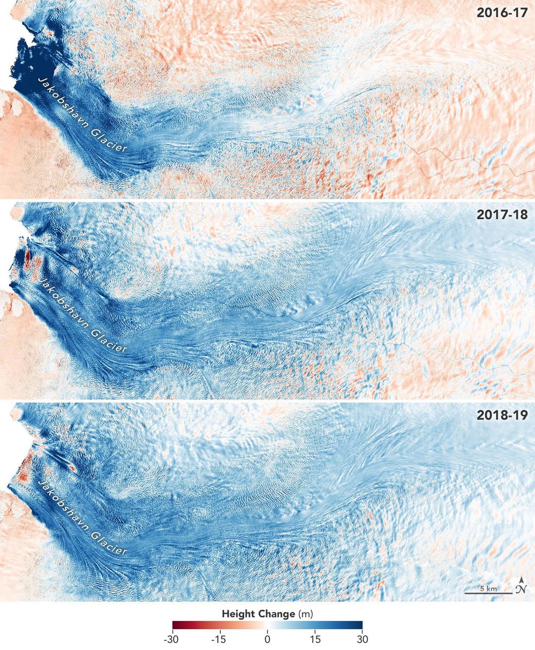 These images show the mass Greenland's Jakobshavn Glacier has gained from 2016-17, 2017-18 and 2018-19. Areas with the most growth — about 33 yards (30 meters) — are shown in dark blue. Red areas represent thinning. The images were produced using GLISTIN-A radar data as part of NASA's Ocean's Melting Greenland (OMG) mission.  https://photojournal.jpl.nasa.gov/catalog/PIA23147