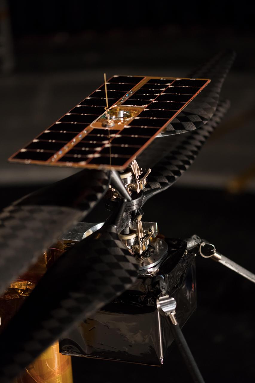 More than 1,500 individual pieces of carbon fiber, flight-grade aluminum, silicon, copper, foil and foam go into a Mars Helicopter. This image of the Flight Model (the actual vehicle going to the Red Planet), was taken on Feb. 1, 2019 when the helicopter was inside the Space Simulator, a 25-foot (7.62 meter) wide vacuum chamber at NASA's Jet Propulsion Laboratory in Pasadena, California.  https://photojournal.jpl.nasa.gov/catalog/PIA23158