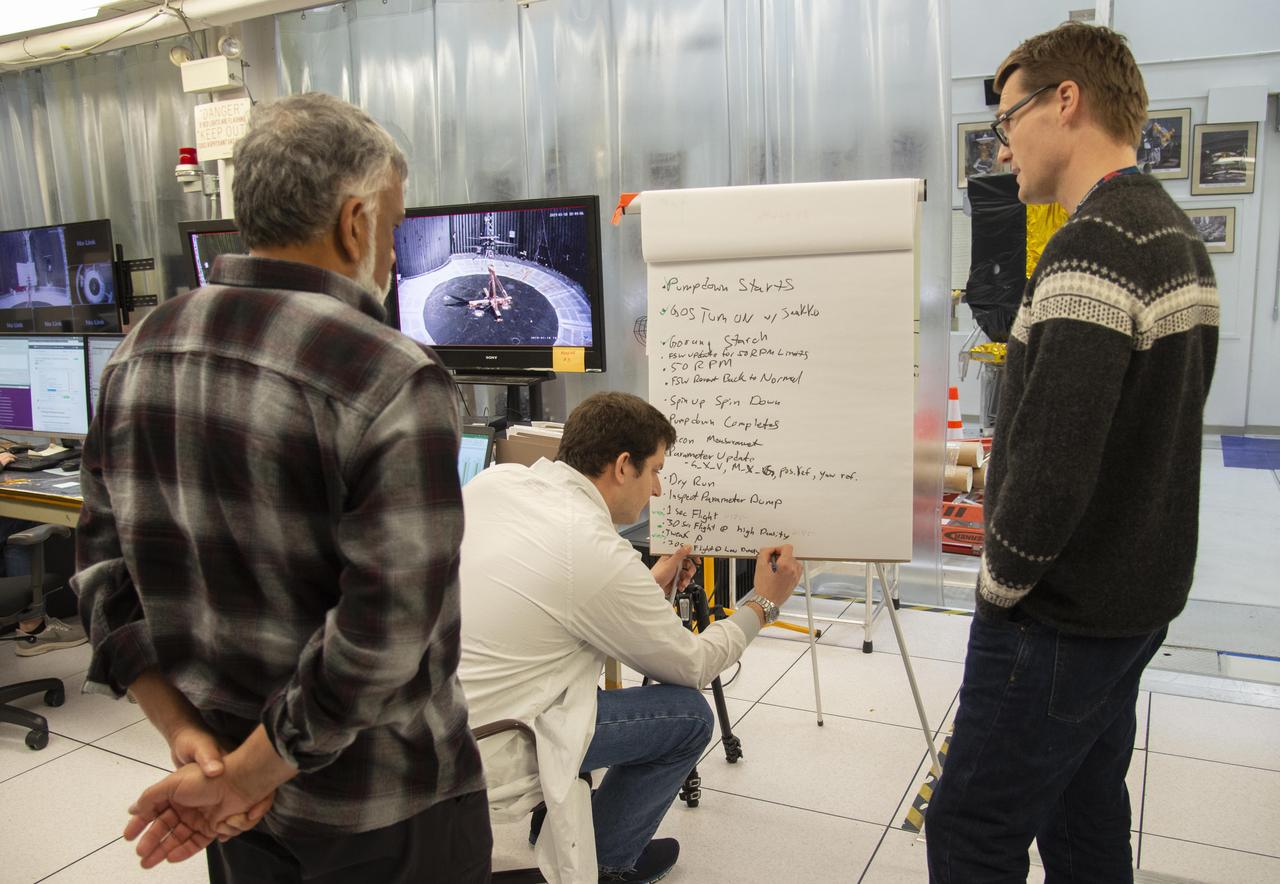 Bob Balaram, Teddy Tzanetos and Havard Grip from the NASA Mars Helicopter project discuss the sequence of events for the day's flight testing. The image was taken Jan. 18, 2019.  https://photojournal.jpl.nasa.gov/catalog/PIA23162