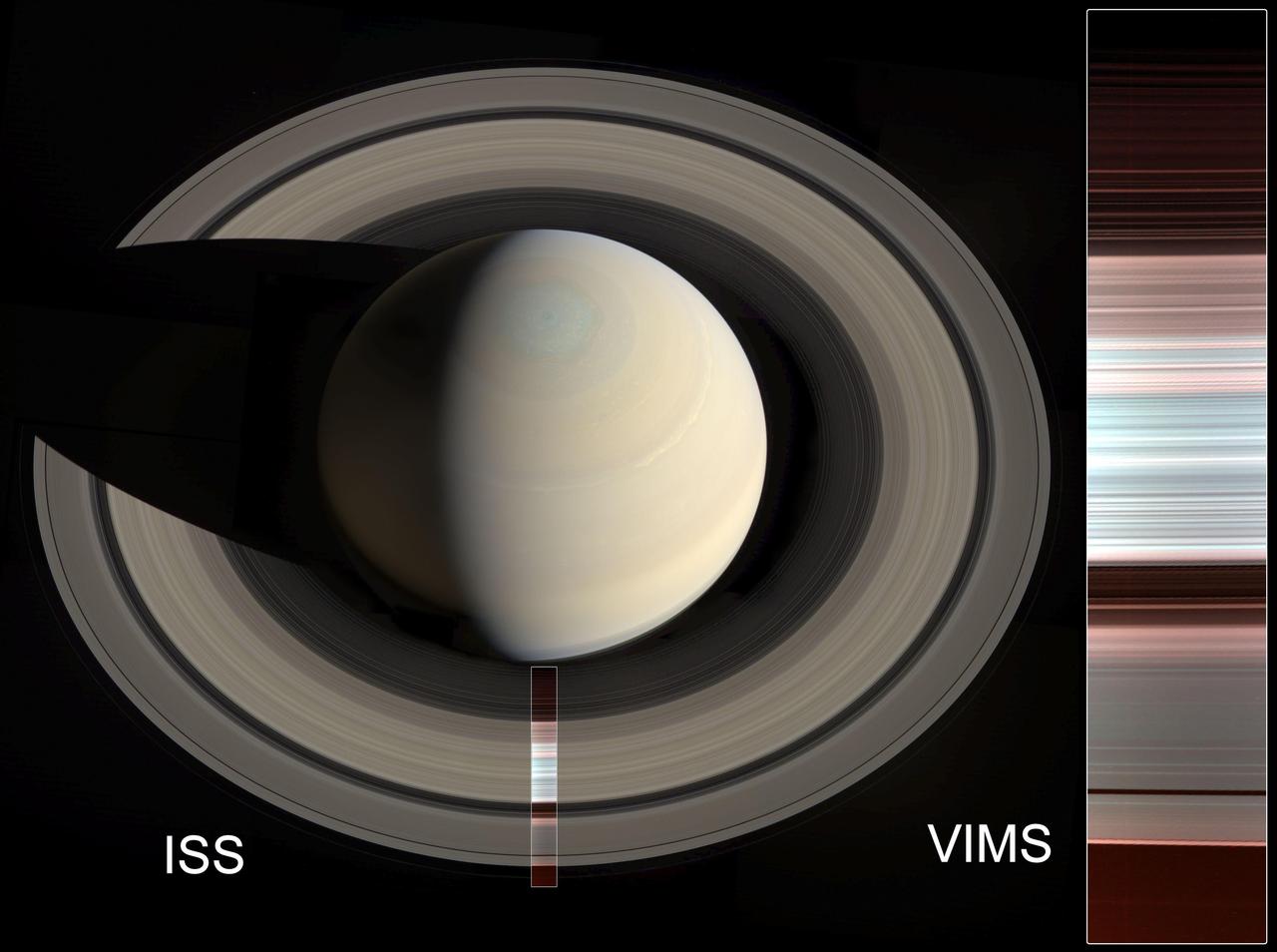 The false-color image at right shows spectral mapping of Saturn's A, B and C rings, captured by Cassini's Visible and Infrared Mapping Spectrometer (VIMS). It displays an infrared view of the rings, rather than an image in visible light. The blue-green areas are the regions with the purest water ice and/or largest grain size (primarily the A and B rings), while the reddish color indicates increasing amounts of non-icy material and/or smaller grain sizes (primarily in the C ring and Cassini Division). At left, the same image is overlaid on a natural-color mosaic of Saturn taken by Cassini's Imaging Science Subsystem. https://photojournal.jpl.nasa.gov/catalog/PIA23170