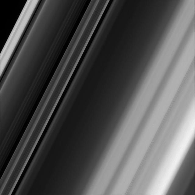 This image of Saturn's rings illustrates how textures in the rings can differ, even in close proximity. The image was taken at a distance of approximately 70,000 miles (113,000 kilometers) from the rings and at a phase angle of 52 degrees. Image scale is 2,300 feet (690 meters) per pixel. https://photojournal.jpl.nasa.gov/catalog/PIA23171