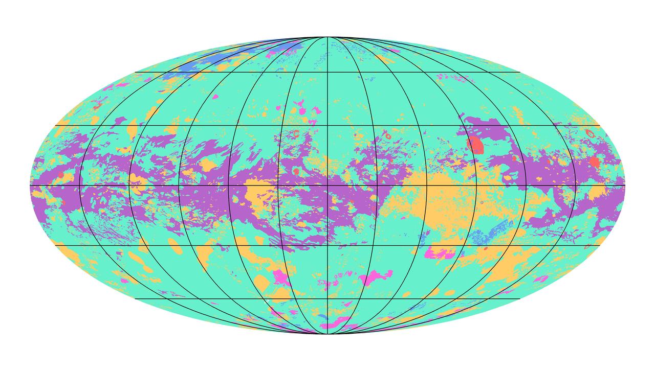 The first global geologic map of Saturn's largest moon, Titan, is based on radar and visible and infrared images from NASA's Cassini mission, which orbited Saturn from 2004 to 2017. Black lines mark 30 degrees of latitude and longitude. Map is in Mollweide projection, a global view that attempts to minimize the size or area distortion, especially at the poles (although shapes are increasingly distorted away from the center of the map). It is centered on 0 degrees latitude, 180 degrees longitude. Map scale is 1:20,000,000. In the annotated figure, the map is labeled with several of the named surface features. Also located is the landing site of the European Space Agency's (ESA) Huygens Probe, part of NASA's Cassini mission. The map legend colors represent the broad types of geologic units found on Titan: plains (broad, relatively flat regions), labyrinth (tectonically disrupted regions often containing fluvial channels), hummocky (hilly, with some mountains), dunes (mostly linear dunes, produced by winds in Titan's atmosphere), craters (formed by impacts) and lakes (regions now or previously filled with liquid methane or ethane). Titan is the only planetary body in our solar system other than Earth known to have stable liquid on its surface — methane and ethane. The map was developed using Cassini radar data and Imaging Science Subsystem (ISS) images. https://photojournal.jpl.nasa.gov/catalog/PIA23174
