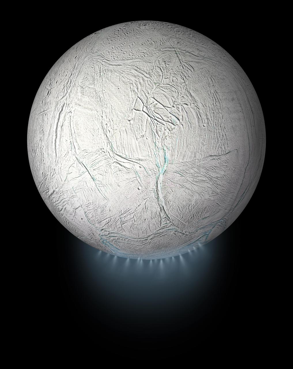 This illustration shows Saturn's icy moon Enceladus with the plume of ice particles, water vapor and organic molecules that sprays from fractures in the moon's south polar region.      A cutaway version of this graphic is also available, showing the moon's interior ocean and hydrothermal activity — both of which were discovered by NASA's Cassini mission (see PIA20013).      This global view was created using a Cassini-derived map of Enceladus (see PIA18435).      More information about Enceladus is available at https://solarsystem.nasa.gov/moons/saturn-moons/enceladus/in-depth/. For more information about the Cassini-Huygens mission visit https://solarsystem.nasa.gov/missions/cassini/overview/.   https://photojournal.jpl.nasa.gov/catalog/PIA23175