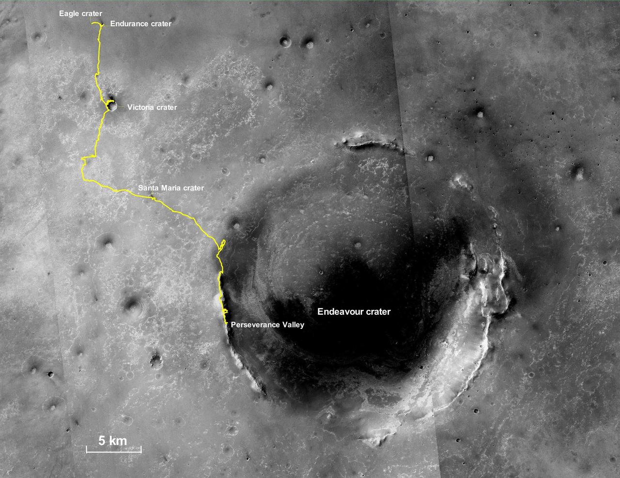This final traverse map for NASA's Opportunity rover shows where the rover was located within Perseverance Valley on June 10, 2018, the last date it made contact with its engineering team.  Visible in this map is a yellow traverse route beginning at Opportunity's landing site, Eagle Crater, and ranging 28.06 miles (45.16 kilometers) to its final resting spot on the rim of Endeavour Crater. The rover was descending down into the crater in Perseverance Valley when the dust storm ended its mission.  This map is made from several images taken by the Context Camera on NASA's Mars Reconnaissance Orbiter. Those images are: B02_010486_1779_XN_02S005W, P15_006847_1770_XN_03S005W, and P13_006135_1789_XN_01S005W. Malin Space Science Systems in San Diego built and operates the camera.  https://photojournal.jpl.nasa.gov/catalog/PIA23178