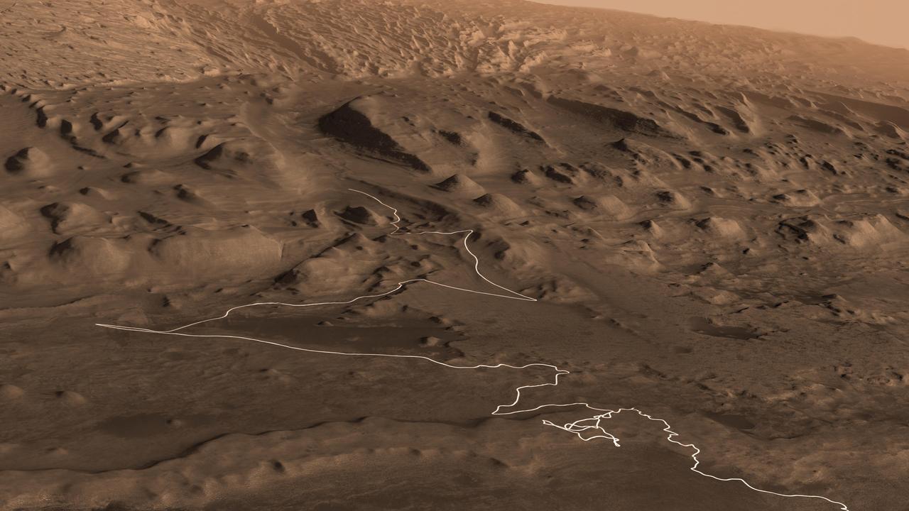 This animation shows a proposed route for NASA's Curiosity rover, which is climbing lower Mount Sharp on Mars. The annotated version of the map labels different regions that scientists working with the rover would like to explore in coming years. A flyover video explains them in more detail. Data used in creating this map came from several instruments on NASA's Mars Reconnaissance Orbiter (MRO), including the High Resolution Imaging Science Experiment (HiRISE), Compact Reconnaissance Imaging Spectrometer for Mars (CRISM) and the Context Camera (CTX). The High Resolution Stereo Camera (HRSC) instrument on the European Space Agency's Mars Express also contributed data. Animation available at https://photojournal.jpl.nasa.gov/catalog/PIA23179