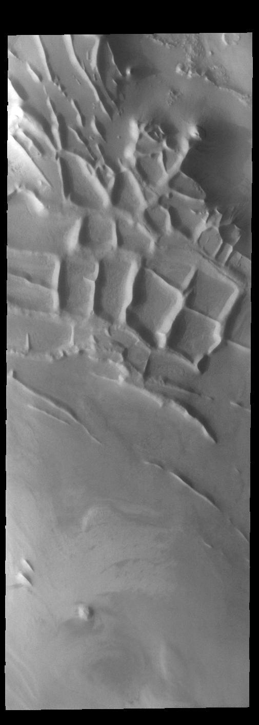 Angustus Labyrinthus is a unique region near the south polar cap. The squares formed by intersecting ridges have given the feature the informal name of Inca City. The linear ridges are believed to have formed by volcanic and tectonic forces, where magma filled fractures in the subsurface and then erosion revealed the magmatic material.  Orbit Number: 76102 Latitude: -81.5722 Longitude: 295.757 Instrument: VIS Captured: 2019-02-09 12:13  https://photojournal.jpl.nasa.gov/catalog/PIA23188