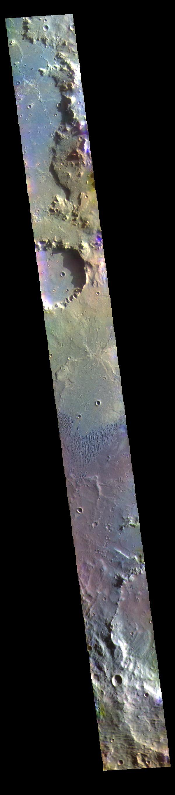 Today's false color image shows part of Herschel Crater located in Terra Cimmeria.  The THEMIS VIS camera contains 5 filters. The data from different filters can be combined in multiple ways to create a false color image. These false color images may reveal subtle variations of the surface not easily identified in a single band image.  Orbit Number: 63043 Latitude: -15.3399 Longitude: 131.225 Instrument: VIS Captured: 2016-02-29 17:51  https://photojournal.jpl.nasa.gov/catalog/PIA23200
