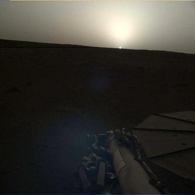 NASA's InSight lander used the Instrument Deployment Camera (IDC) on the end of its robotic arm to image this sunset on Mars on April 25, 2019, the 145th Martian day, or sol, of the mission. This was taken around 6:30 p.m. Mars local time.  https://photojournal.jpl.nasa.gov/catalog/PIA23202