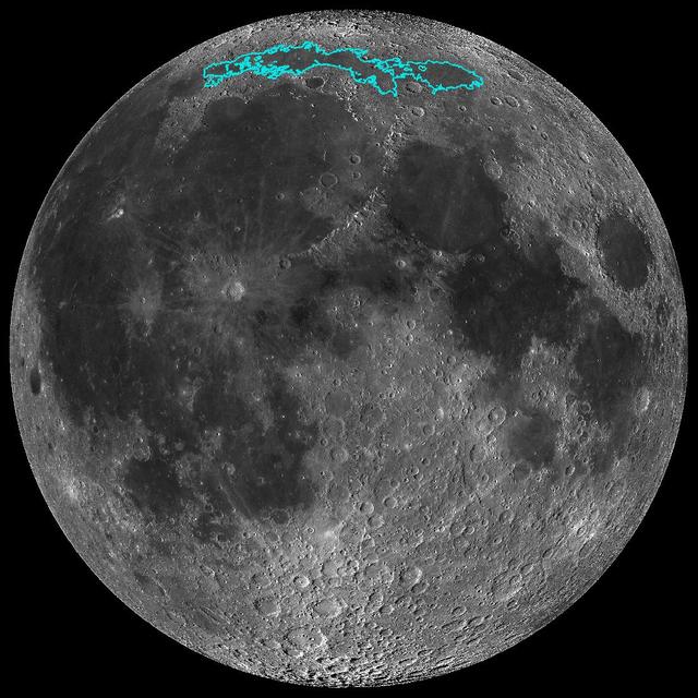 New surface features of the Moon have been discovered in a region called Mare Frigoris, outlined here in teal. This image is a mosaic composed of many images taken by NASA's Lunar Reconnaissance Orbiter (LRO).  https://photojournal.jpl.nasa.gov/catalog/PIA23209