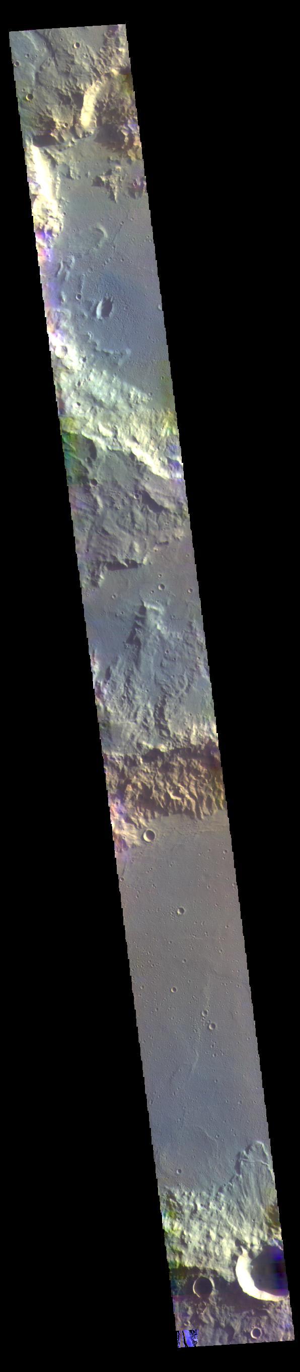 Today's false color image shows part of Terra Cimmeria.  The THEMIS VIS camera contains 5 filters. The data from different filters can be combined in multiple ways to create a false color image. These false color images may reveal subtle variations of the surface not easily identified in a single band image.  Orbit Number: 63092 Latitude: -23.8466 Longitude: 158.387 Instrument: VIS Captured: 2016-03-04 18:39  https://photojournal.jpl.nasa.gov/catalog/PIA23216