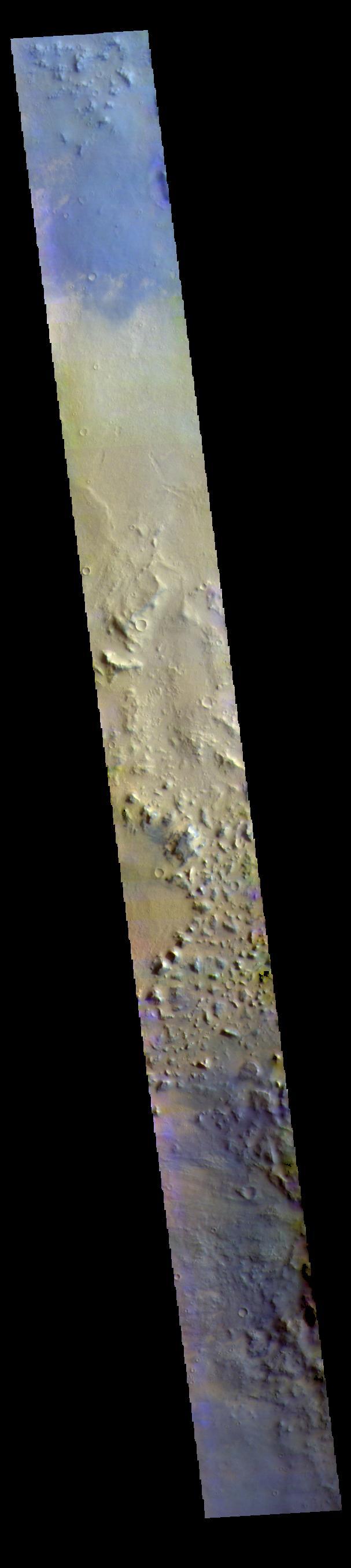 Today's false color image shows part of the plains of Noachis Terra southwest of Schiaparelli Crater.  The THEMIS VIS camera contains 5 filters. The data from different filters can be combined in multiple ways to create a false color image. These false color images may reveal subtle variations of the surface not easily identified in a single band image.  Orbit Number: 63097 Latitude: -6.20315 Longitude: 11.7459 Instrument: VIS Captured: 2016-03-05 04:38  https://photojournal.jpl.nasa.gov/catalog/PIA23217