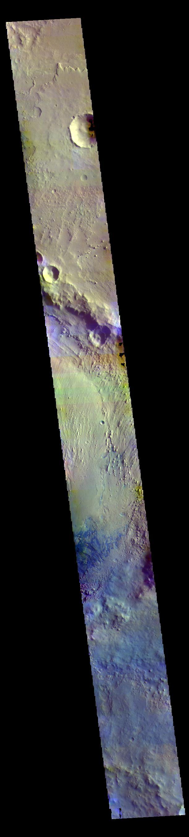 Today's false color image shows part of Firsoff Crater, located north of Meridiani Planum. Dark blue tones in the false color filter combination are basaltic sands.  The THEMIS VIS camera contains 5 filters. The data from different filters can be combined in multiple ways to create a false color image. These false color images may reveal subtle variations of the surface not easily identified in a single band image.  Orbit Number: 63185 Latitude: 2.88676 Longitude: 351.048 Instrument: VIS Captured: 2016-03-12 10:38  https://photojournal.jpl.nasa.gov/catalog/PIA23222