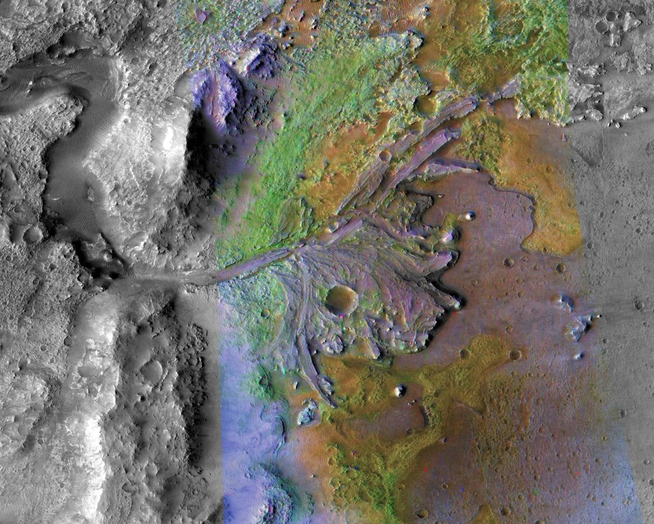This image is of Jezero Crater on Mars, the landing site for NASA's Mars 2020 mission. It was taken by instruments on NASA's Mars Reconnaissance Orbiter (MRO), which regularly takes images of potential landing sites for future missions. On ancient Mars, water carved channels and transported sediments to form fans and deltas within lake basins. Examination of spectral data acquired from orbit show that some of these sediments have minerals that indicate chemical alteration by water. Here in Jezero Crater delta, sediments contain clays and carbonates. https://photojournal.jpl.nasa.gov/catalog/PIA23239