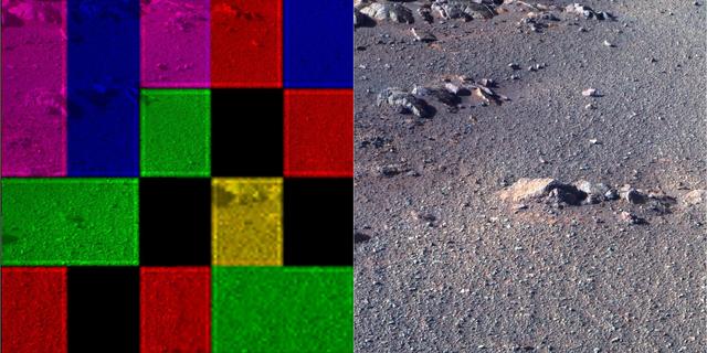 These side-by-side images were taken by the Pan Camera (Pancam) on NASA's Opportunity rover. They're actually the same image; the left version is how the image originally came down, due to data dropouts. The right shows the same image after processing all the data.  The image is from the 4,493rd Martian day, or sol, of the mission.  https://photojournal.jpl.nasa.gov/catalog/PIA23248