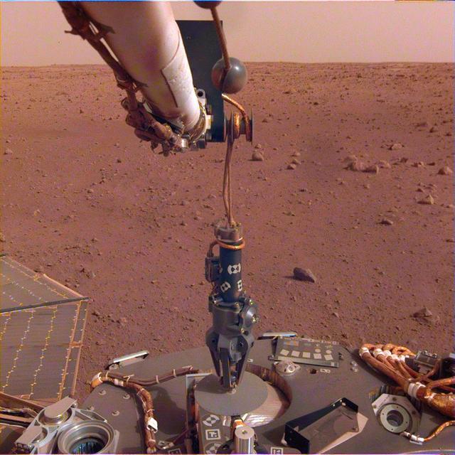 The robotic arm on NASA's InSight lander deployed its Heat Flow and Physical Properties Package (HP3) instrument on the Martian surface on Feb. 12, 2019.  Movie available at https://photojournal.jpl.nasa.gov/catalog/PIA23249