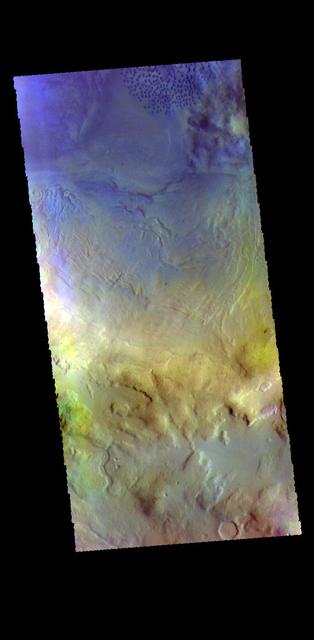 Today's image shows part of the floor of Renaudot Crater, located on the margin between Terra Sabaea and Utopia Planitia. The small dark blue features at the top right corner of the image are sand dunes. Dark blue is this false color combination indicates that these dunes are comprised of basaltic sands. The THEMIS VIS camera contains 5 filters. The data from different filters can be combined in multiple ways to create a false color image. These false color images may reveal subtle variations of the surface not easily identified in a single band image. Orbit Number: 63594 Latitude: 41.6455 Longitude: 62.4624 Instrument: VIS Captured: 2016-04-15 03:21 https://photojournal.jpl.nasa.gov/catalog/PIA23255