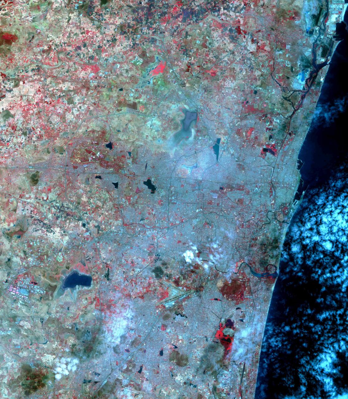 Chennai, India's sixth largest city, has seen no rain for over six months. Its four major reservoirs have virtually run dry, and the city's population of four million is mostly relying on government tankers to provide water, or paying private companies to supply water. The two images were acquired by ASTER on October 6, 2015, and Landsat OLI on June 3, 2019. They cover an area of 29.9 by 45.7 kilometers, and are centered at 13.1 degrees north, 80.3 degrees east.  https://photojournal.jpl.nasa.gov/catalog/PIA23300