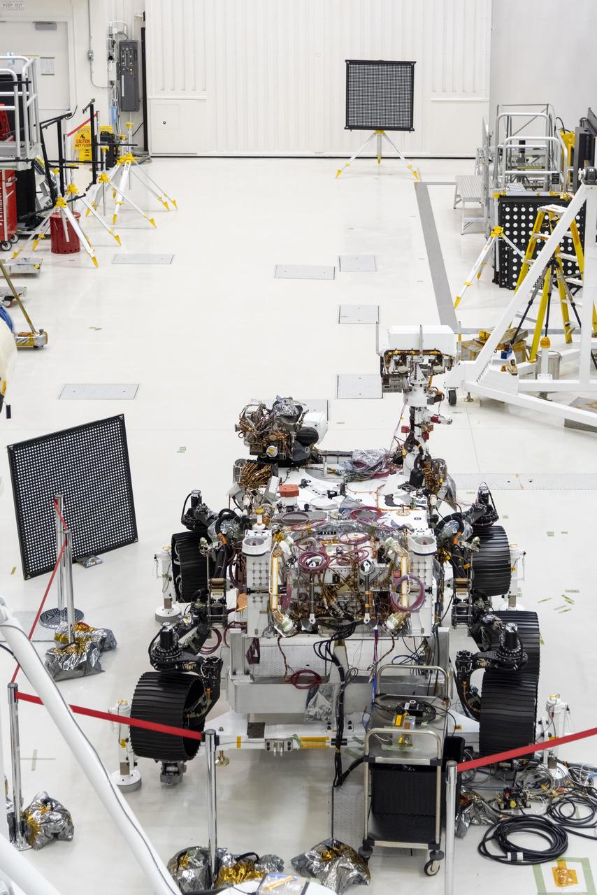 The Mars 2020 rover undergoes an "eye" exam after several cameras were installed. The rover carries everything from wide-angle landscape cameras to narrow-angle high-resolution zoom lens cameras. The image was taken on July 23, 2019, in the Spacecraft Assembly Facility's High Bay 1 at the Jet Propulsion Laboratory in Pasadena, California. https://photojournal.jpl.nasa.gov/catalog/PIA23315