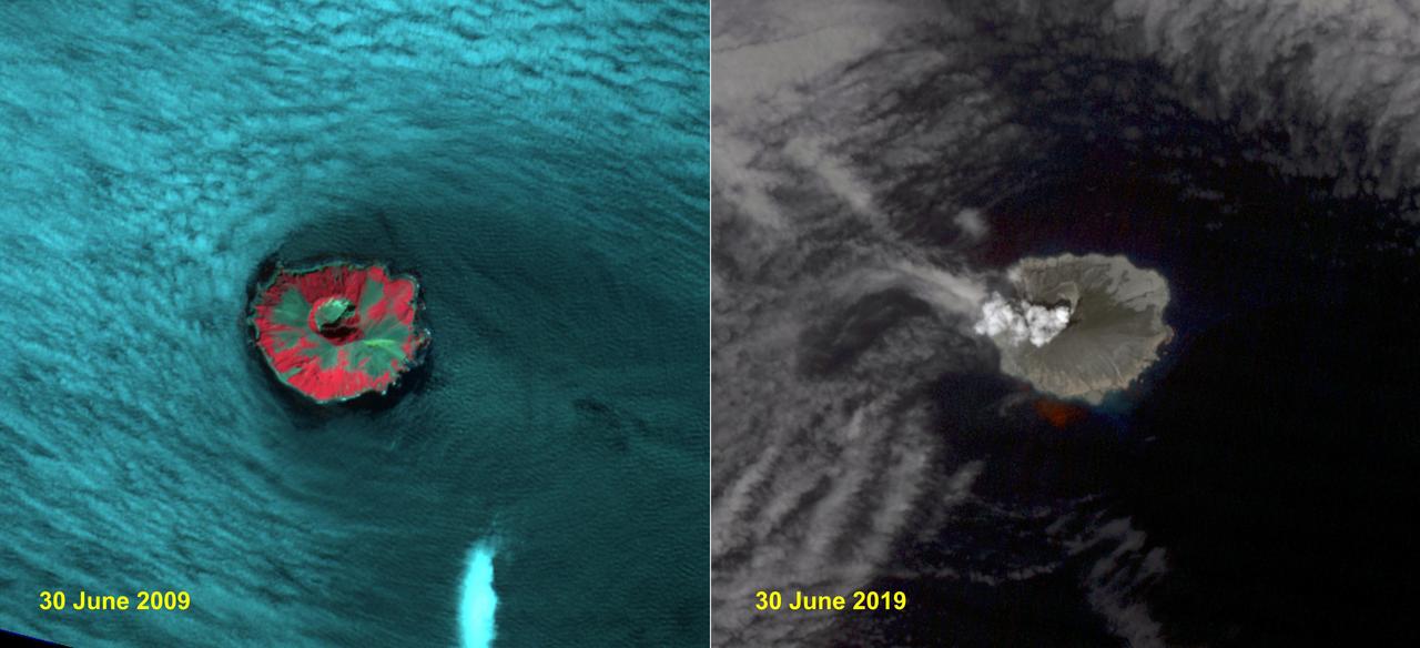 Raikoke volcanic island is near the center of the Kuril Islands in the Sea of Okhotsk in the northwest Pacific Ocean. The island is roughly circular with dimensions of 2.0 by 2.5 kilometers. On June 22, the volcano erupted with a gas and ash plume reaching 17 kilometers. The two ASTER images, acquired exactly 10 years apart on June 30, dramatically depict the changes to the island. In 2009, vegetation (red) covered most of the island. The 2019 image shows an ash and steam plume rising from the caldera. There is no trace of any vegetation, ash deposits having buried everything. The images are located at 48.3 degrees north, 153.2 degrees east.  https://photojournal.jpl.nasa.gov/catalog/PIA23326
