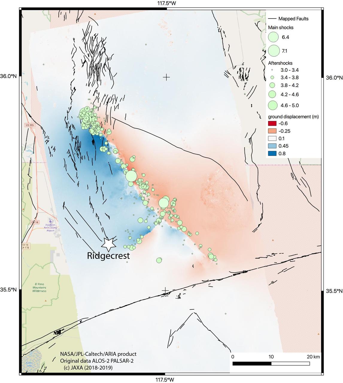 The Advanced Rapid Imaging and Analysis (ARIA) team at NASA's Jet Propulsion Laboratory in Pasadena, California, created this map of the Ridgecrest area of Southern California following two strong earthquakes — a magnitude 6.4 on July 4 and a magnitude 7.1 on July 5, 2019. The map shows how much and in what direction the ground moved in various places, displayed in meters. The blue tones show that the ground west of the main fault rupture, which runs from the lower right to the upper left, moved toward the northwest by as much as 0.8 meters (2.7 feet) during the 7.1-magnitude quake. The ground in the red and pink areas moved southeast by as much as 0.6 meters (2 feet). Black lines show faults that were mapped before the 2019 earthquakes. The 6.4-magnitude quake moved a shorter fault that runs perpendicular to the main fault — shown slightly down and to the left of center on the map. The colors in this area show that the north side of the fault moved to the west (blue) and the south side moved to the east (pink). The green circles correspond to aftershocks of a magnitude of 3.0 or higher, which were detected along both faults, between July 4 and July 9. The larger the circle, the stronger the aftershock. The ARIA team used interferometric synthetic aperture radar (InSAR) analysis of data from the ALOS-2 satellite, operated by the Japan Aerospace Exploration Agency (JAXA) to create the map. They used images captured before the quakes (on April 16, 2018) and after the quakes (on July 8, 2019) for this analysis. https://photojournal.jpl.nasa.gov/catalog/PIA23351
