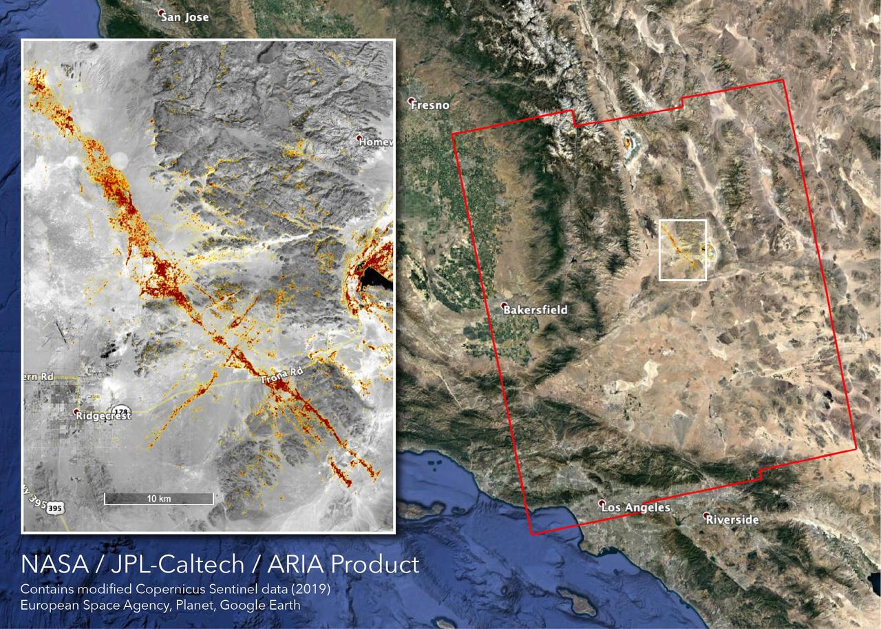 The Advanced Rapid Imaging and Analysis (ARIA) team at NASA's Jet Propulsion Laboratory in Pasadena, California, created this map depicting areas that are likely damaged as a result of the recent major earthquakes in Southern California. The color variation from yellow to red indicates increasingly more significant surface change, or damage. The map covers an area of 155 by 186 miles (250 by 300 kilometers), shown by the large red polygon. Each pixel measures about 33 yards (30 meters) across.  To make the map, the team used synthetic aperture radar (SAR) images from the European Space Agency's Copernicus Sentinel-1 satellites from before and after the sequence of quakes — July 4, 2019 and July 10, 2019 respectively. The map may be less reliable over vegetated areas but can provide useful guidance in identifying damaged areas.  https://photojournal.jpl.nasa.gov/catalog/PIA23354