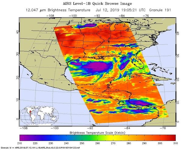NASA's AIRS instrument imaged Tropical Storm Barry on the afternoon of July 12, 2019, a day before the storm is expected to make landfall on the Louisiana Coast.  The infrared image shows very cold clouds that have been carried high into the atmosphere by deep thunderstorms in purple. These clouds are associated with heavy rainfall. Warmer areas with shallower rain clouds are shown in blue and green. And the orange and red areas represent mostly cloud-free air.  https://photojournal.jpl.nasa.gov/catalog/PIA23355