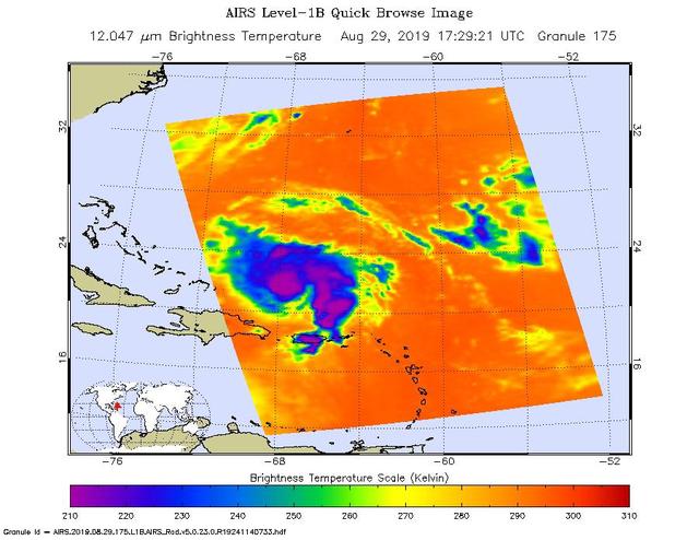 An infrared image of Hurricane Dorian, as seen by the AIRS instrument aboard NASA's Aqua satellite at 1:30 p.m. EDT (10:30 a.m. PDT) on Aug. 29, 2019. The large purple areas are cold clouds, carried high into the atmosphere by deep thunderstorms. Blue and green show warmer areas with less rain clouds, while orange and red represent mostly cloud-free air.  https://photojournal.jpl.nasa.gov/catalog/PIA23358