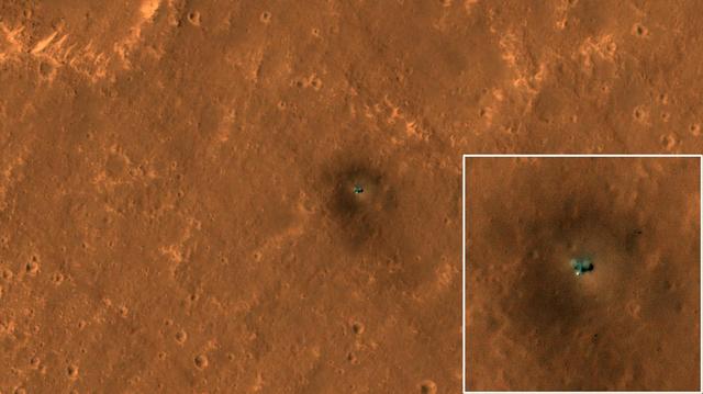 The HiRISE camera on NASA's Mars Reconnaissance Orbiter got its best view yet of the agency's InSight lander on Sept. 23, 2019.  HiRISE has been monitoring InSight's landing site on the Red Planet for changes such as dust-devil tracks (the slightly dark diagonals streaks crisscrossing the surface). This new image clearly shows the two circular solar panels on either side of the lander body. From end to end, the panels span 20 feet (6 meters); the image was taken from an elevation of 169 miles (272 kilometers) above the surface. The bright spot on the lower side of the spacecraft is the dome-shaped protective cover over InSight's seismometer. Surrounding the spacecraft is a dark halo created by retrorocket thrusters scouring the surface during landing. Dark streaks seen crossing diagonally across the surface are dust-devil tracks.  Several factors make this image crisper than past images. For one thing, there's less dust in the air this time of year compared to before. And shadows are offset from the lander because this is an oblique view looking west. Moreover, the lighting was better for avoiding the bright reflections from the lander or its solar panels that have obscured surrounding pixels in other images. The seismometer cover to the south of the lander is still bright because its dome shape always produces a mirror-like reflection over some small area.  https://photojournal.jpl.nasa.gov/catalog/PIA23376