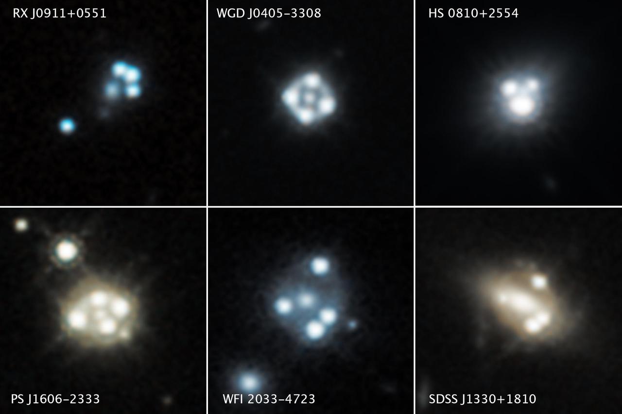 Each of these Hubble Space Telescope snapshots reveals four distorted images of a background quasar (an extremely bright region in the center of some distant galaxies) and its host galaxy surrounding the core of a foreground massive galaxy.  The gravity of the massive foreground galaxy acts like a magnifying glass by warping the quasar's light in an effect called gravitational lensing. Quasars are extremely distant cosmic "streetlights" produced by active black holes. Such quadruple images of quasars are rare because of the nearly exact alignment needed between the foreground galaxy and background quasar.  These images come from a study in which astronomers used the gravitational lensing effect to detect the smallest clumps of dark matter ever found. The clumps are located along the telescope's line of sight to the quasars as well as in and around the foreground lensing galaxies.  The presence of the dark matter concentrations alters the apparent brightness and position of each distorted quasar image. Astronomers compared these measurements with predictions of how the quasar images would look without the influence of the dark matter clumps. The researchers used these measurements to calculate the masses of the tiny dark matter concentrations.  Hubble's Wide Field Camera 3 captured the near-infrared light from each quasar and dispersed it into its component colors for study with spectroscopy. The images were taken between 2015 and 2018.  https://photojournal.jpl.nasa.gov/catalog/PIA23410
