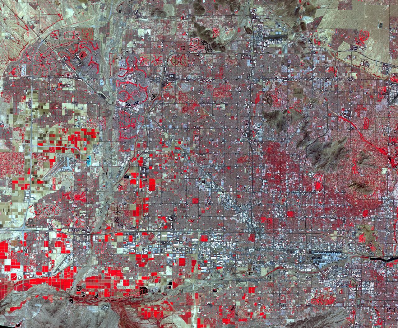 Phoenix is the capital and most populous city in Arizona. It is also the fifth largest city in the US. It was settled in the 1880s as an agricultural community. Between 1980 and 2017, the metropolitan area grew from 1.5 million residents to 4.9 million. This astonishing expansion is dramatically seen in these two satellite images. The Landsat TM image was acquired November 28, 1982, and the ASTER image September 12, 2018. The images cover an area of 42 by 51 km, and are located at 33.4 degrees north, 112.1 degrees west.   https://photojournal.jpl.nasa.gov/catalog/PIA23411