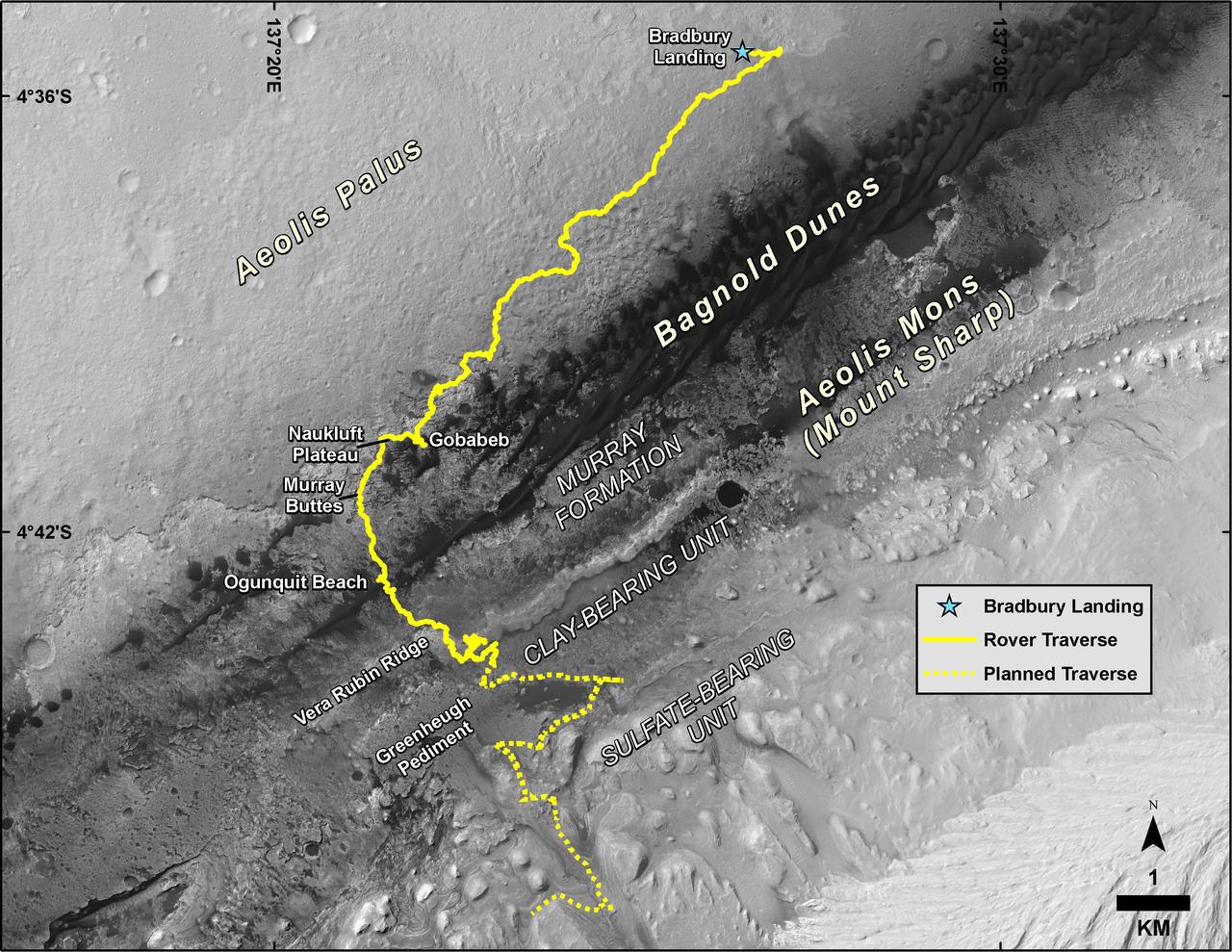 This map shows the route driven by NASA's Curiosity Mars rover, from the location where it landed in August 2012 to its location in August 2019, and its planned path to additional geological layers of lower "Mount Sharp." The blue star near top center marks "Bradbury Landing," the site where Curiosity arrived on Mars on Aug. 5, 2012, PDT (Aug. 6, EDT and Universal Time). Curiosity landed on Aeolis Palus, the plains surrounding Aeolis Mons (Mount Sharp) in Gale Crater.  The base image for the map is from the High Resolution Imaging Science Experiment (HiRISE) camera on the Mars Reconnaissance Orbiter. North is up. "Bagnold Dunes" form a band of dark, wind-blown material at the foot of Mount Sharp.  The scale bar at lower right represents one kilometer (0.62 mile).  https://photojournal.jpl.nasa.gov/catalog/PIA23412