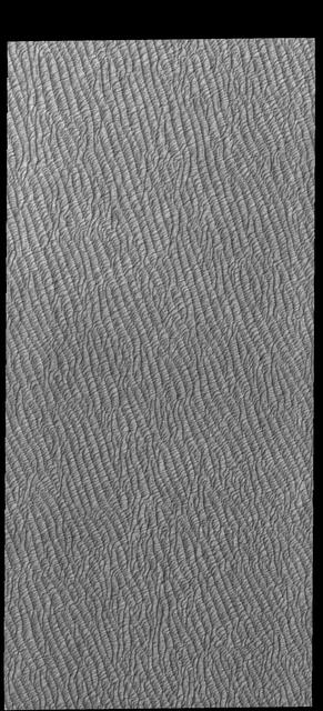 Today's VIS image shows part of Olympia Undae, the largest of several dune fields that encircle the north polar cap. This image was collected in the spring season.  Orbit Number: 78164 Latitude: 80.7292 Longitude: 224.712 Instrument: VIS Captured: 2019-07-29 08:37  https://photojournal.jpl.nasa.gov/catalog/PIA23417