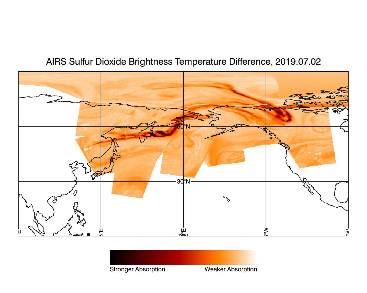 Dormant since 1924, the Raikoke Volcano on Russia's Kuril Islands began erupting on June 22, 2019. In this image made with data from the Atmospheric Infrared Sounder on NASA's Aqua satellite, sulfur dioxide (SO2) in the volcanic plume is observed over several overpasses on July 2, 2019, days after the Raikoke volcanic eruption.  SO2 absorbs infrared radiance emitted from Earth's surface and the lower atmosphere in proportion with the quantity of SO2 present in the plume. Areas with higher quantities of sulfur dioxide are shown in dark red while areas with lower quantities of sulfur dioxide are shown in light orange. Areas where data was not included in the image, due to the lack of plume in those regions, are shown in white. The image combines multiple granules of AIRS data taken throughout the day. Each data granule collected by the instrument is outlined in green, with its corresponding time stamp (in UTC) printed in white.  https://photojournal.jpl.nasa.gov/catalog/PIA23421