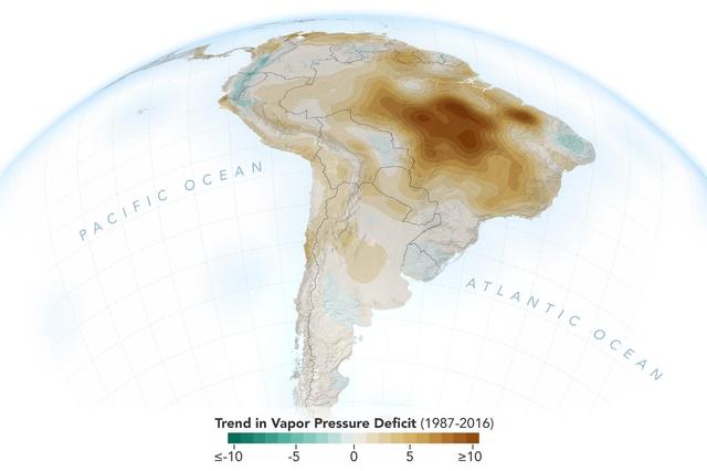 The image shows the trend of vapor pressure deficit over the Amazon rainforest during the dry season months — August through October — from 1987 to 2016. The measurements are shown in millibars — a standard unit of measure for atmospheric pressure. Vapor pressure deficit is the ratio of how much moisture is present in the atmosphere compared to how much moisture the atmosphere can hold. The trend shows the decline of moisture in the air, particularly across the south and southeastern Amazon, which is caused by a combination of human activities, including changes in land use, forest burning and its byproduct, black carbon, along with activities that have increased carbon monoxide and carbon dioxide levels in the region.  https://photojournal.jpl.nasa.gov/catalog/PIA23425
