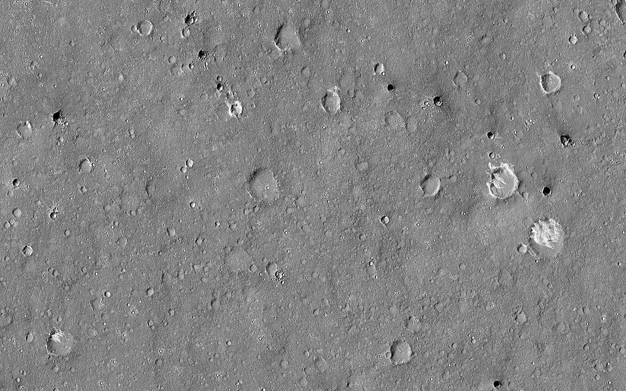 This HiRISE image was taken to sample terrain north of Elysium Planitia and Athabasca Valles. Because HiRISE can only image a small fraction of Mars, most images are targeted on specially selected features of interest. However, we also sample other locations, both to understand the normal terrain and look for things that might not have been obvious enough in other data for anyone to mark out a target.  This image caught something interesting. Most of the surface is smooth regolith peppered with small craters. However, some of the craters are notably dark compared with everything else in the image.  Zooming in to full resolution shows the reason: the dark craters have small ripples and are dark blue in enhanced color, characteristics usually associated with active sand kicking off its dust cover. Why the sand is moving in these particular craters but not others is not certain but could relate to induration (hardening) of the sand, or the age or topography of the craters.  https://photojournal.jpl.nasa.gov/catalog/PIA23427
