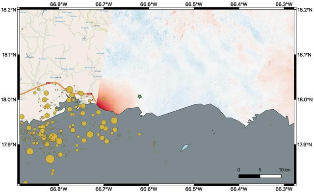 By comparing interferometric synthetic aperture radar (InSAR) data acquired on Jan. 9, 2020, with data acquired on Dec. 28, 2019, from the Copernicus Sentinel-1A satellite, NASA scientists were able to map where, how much and in what direction the ground shifted following a 6.4-magnitude earthquake off the coast of Puerto Rico.  Managed by the European Space Agency (ESA), the Copernicus Sentinel-1A satellite was able to see the eastern two-thirds of the island during the Jan. 9 flyover. On the map, red indicates areas where the ground was changed, or displaced, with darker shades corresponding to more significant displacement. The scientists found that the greatest displacement from the flyover area occurred west of the city of Ponce (identified by the green star), not far from the quake's offshore epicenter. They recorded up to 5.5 inches (14 centimeters) of ground change there. The ground appeared to shift downward and slightly to the west.  The epicenter of the quake and the cluster of quakes and aftershocks in the region identified by the United States Geological Survey (shown as orange circles) fall just west of the satellite's Jan. 9 track. Because of this, scientists also plan to analyze data from Sentinel-1A's forthcoming Jan. 14 flyover, which will include western Puerto Rico.  https://photojournal.jpl.nasa.gov/catalog/PIA23428