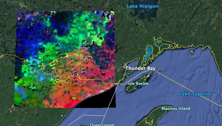 The image shows plants "waking up" west of Lake Superior near the U.S.-Canada border. Plants in the red and pink areas began to wake up around 7 a.m. local time. Those in green areas became active closer to 8 am., while those in blue areas did so closer to 9 a.m.  The mission team collected and combined all of ECOSTRESS's morning data for the summer season. In doing so, they observed that the earliest risers were near the lake, with plant activity spreading gradually northwestward as the morning progressed.  https://photojournal.jpl.nasa.gov/catalog/PIA23430