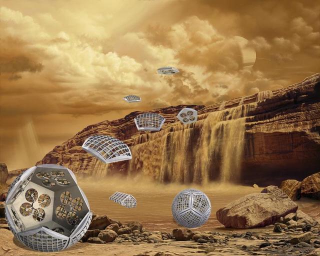 An illustration of an early concept of Shapeshifter imagines the robots on Saturn's moon Titan. In the picture, the Shapeshifter breaks into smaller pieces that can investigate a methane waterfall from the sky. Shapeshifter is a developing concept for a transformational vehicle to explore treacherous, distant worlds. The flying amphibious robot is part of the early-stage research program NASA Innovative Advanced Concepts (NIAC), which offers several phases of funding to visionary concepts, helping turn ideas that sound like science fiction into science fact. JPL Principle Investigator Ali Agha envisions Shapeshifter as a mission to Saturn's moon Titan, the only other world in the solar system known to have liquid in the form of methane lakes, rivers and seas on its surface.  https://photojournal.jpl.nasa.gov/catalog/PIA23434