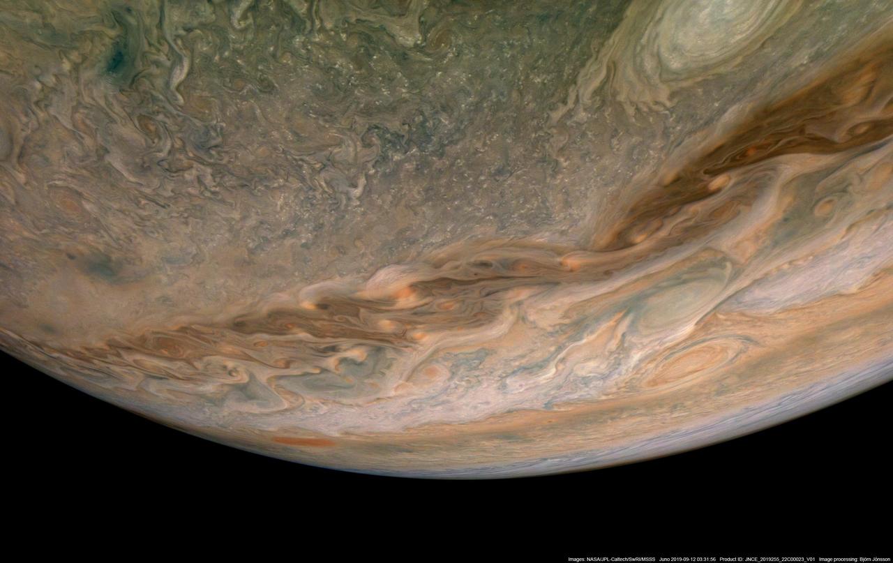 In this view of Jupiter, NASA's Juno spacecraft captures swirling clouds in the region of the giant planet's northern hemisphere known as "Jet N4." Jupiter spins once every 10 hours, and this fast rotation creates strong jet streams, separating its clouds into dark belts and bright zones that stretch across the face of the planet. More than a dozen prevailing winds sweep over Jupiter, some reaching more than 300 miles per hour (480 kilometers per hour) at the equator. The raw image was taken on Sept. 11, 2019 at 8:31 p.m. PDT (11:31 p.m. EDT), as Juno performed its 22nd close flyby of Jupiter. At the time the image was taken, the spacecraft was about 7,540 miles (12,140 kilometers) from the cloud tops at a latitude of 45 degrees. Enhanced image by Björn Jónsson (CC-NC-SA) based on images provided courtesy of NASA/JPL-Caltech/SwRI/MSSS.