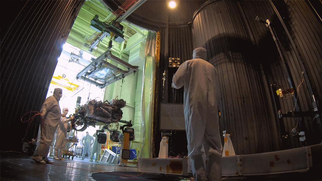 This image, taken on Oct. 9, 2019, at NASA's Jet Propulsion Laboratory in Pasadena, California, captures the move of the Mars 2020 rover into a large vacuum chamber for testing in Mars-like environmental conditions.  Movie available at https://photojournal.jpl.nasa.gov/catalog/PIA23470