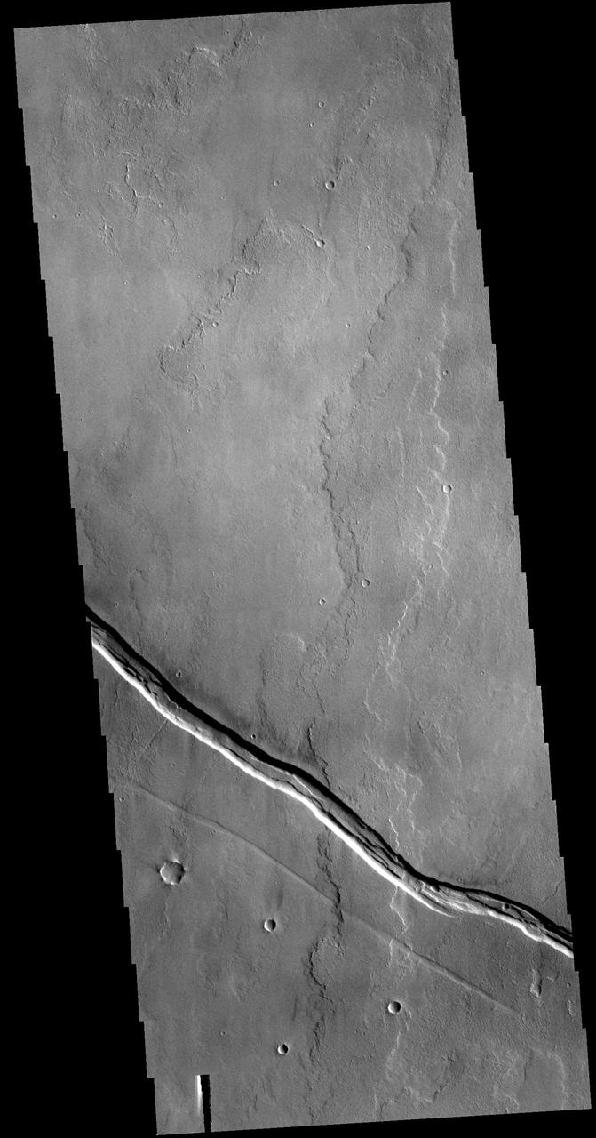 This VIS image shows part of the Tharsis lava plains between Sulci Gordii and Ulysses Fossae. While large volcanoes and huge lava flow sheets dominate the Tharsis region, extensive tectonic features are also present. The entire Tharsis region forms a bulge on the equatorial part of Mars, generated by the uplift of magma rising through the crust. The motion of subsurface magma created extensional forces, tearing the surface apart releasing the magma in floods of lava and volcano building events. At the same time the extension cracked the surface creating the faults and graben also seen in the region. In this image, the linear graben post-date the lava flows. Orbit Number: 78394 Latitude: 17.6427 Longitude: 235.778 Instrument: VIS Captured: 2019-08-17 06:43 https://photojournal.jpl.nasa.gov/catalog/PIA23475