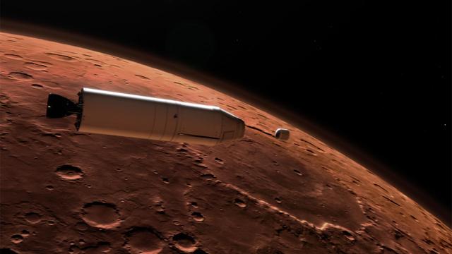 As part of a Mars sample return mission, a rocket will carry a container of sample tubes with Martian rock and soil samples into orbit around Mars and release it for pick up by another spacecraft. This illustration shows a concept for a Mars Ascent Vehicle (left) releasing a sample container (right) high above the Martian surface.      NASA and the European Space Agency are solidifying concepts for a Mars sample return mission after NASA's Mars 2020 rover collects rock and soil samples and stores them in sealed tubes on the planet's surface for potential future return to Earth.      NASA will deliver a Mars lander in the vicinity of Jezero Crater, where Mars 2020 will have collected and cached samples. The lander will carry a NASA rocket (the Mars Ascent Vehicle) along with an ESA Sample Fetch Rover that is roughly the size of NASA's Opportunity Mars rover. The fetch rover will gather the cached samples and carry them back to the lander for transfer to the ascent vehicle; additional samples could also be delivered directly by Mars 2020. The ascent vehicle will then launch from the surface and deploy a special container holding the samples into Mars orbit.      ESA will put a spacecraft in orbit around Mars before the ascent vehicle launches. This spacecraft will rendezvous with and capture the orbiting samples before returning them to Earth. NASA will provide the payload module for the orbiter.  https://photojournal.jpl.nasa.gov/catalog/PIA23500