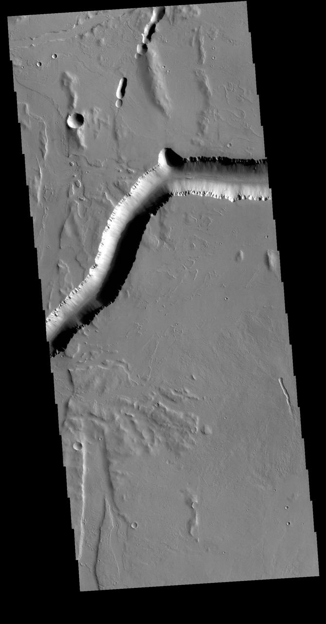 Olympica Fossae is a complex channel located on the Tharsis volcanic plains between Alba Mons and Olympus Mons. The sinuosity of the large channel in the top half of the image indicates that this is a channel created by liquid flow. In this case the location and other surface features visible in the image indicate that lava flow rather than water created the channel. The more linear depression at the bottom left side of the image is probably a tectonic feature called a graben and was formed by movement along fault lines. Orbit Number: 78693 Latitude: 25.836 Longitude: 248.007 Instrument: VIS Captured: 2019-09-10 21:41 https://photojournal.jpl.nasa.gov/catalog/PIA23501