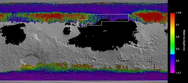 This rainbow-colored map shows underground water ice on Mars. Cool colors represent less than one foot (30 centimeters) below the surface; warm colors are over two feet (60 centimeters) deep. Sprawling black zones on the map represent areas where a landing spacecraft would sink into fine dust. The outlined box represents the ideal region to send astronauts for them to be able to dig up water ice. The map was created by combining data from multiple NASA orbiters, including the Mars Reconnaissance Orbiter and its Mars Climate Sounder instrument; Mars Odyssey and its Thermal Emission Imaging System; and the Mars Global Surveyor. https://photojournal.jpl.nasa.gov/catalog/PIA23514